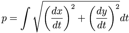 p = \int \sqrt{\left( \frac{dx}{dt} \right)^2 + \left( \frac{dy}{dt} \right)^2} dt